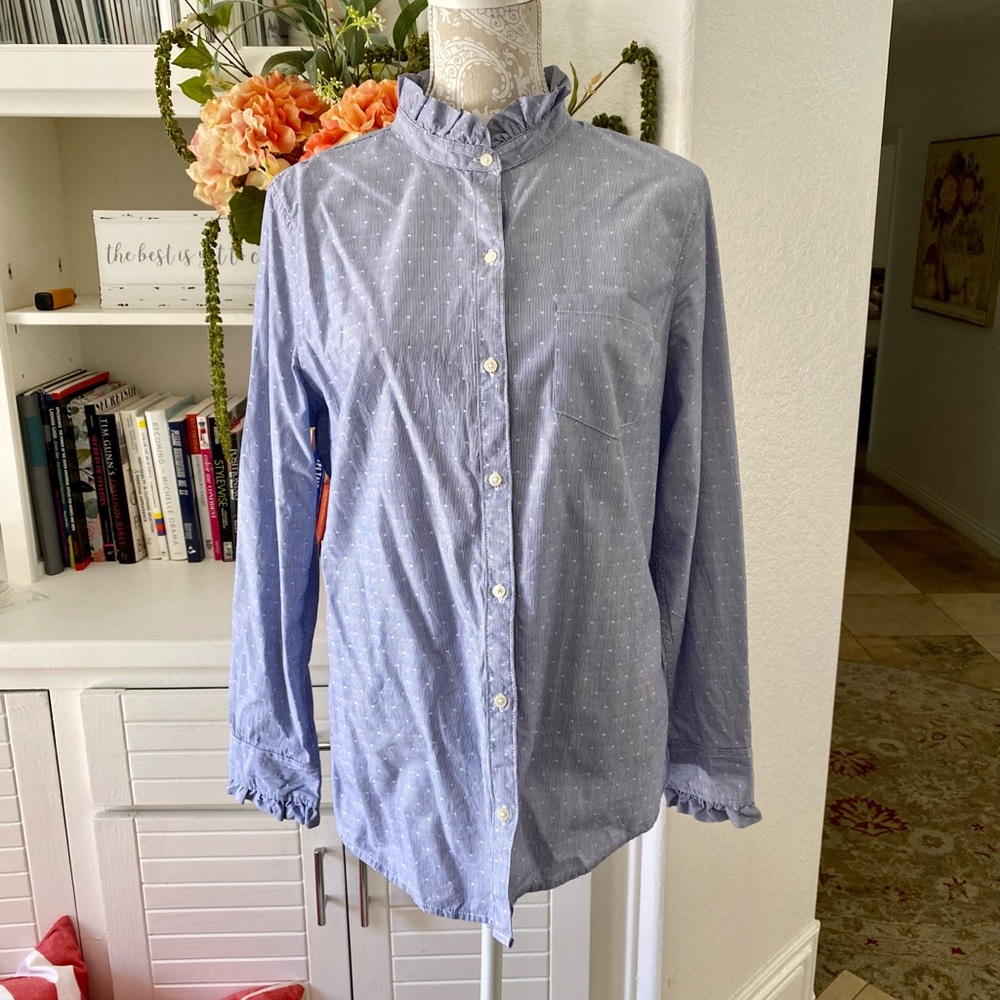 Banana Republic blue and white long sleeve button up shirt with ruffle detail.